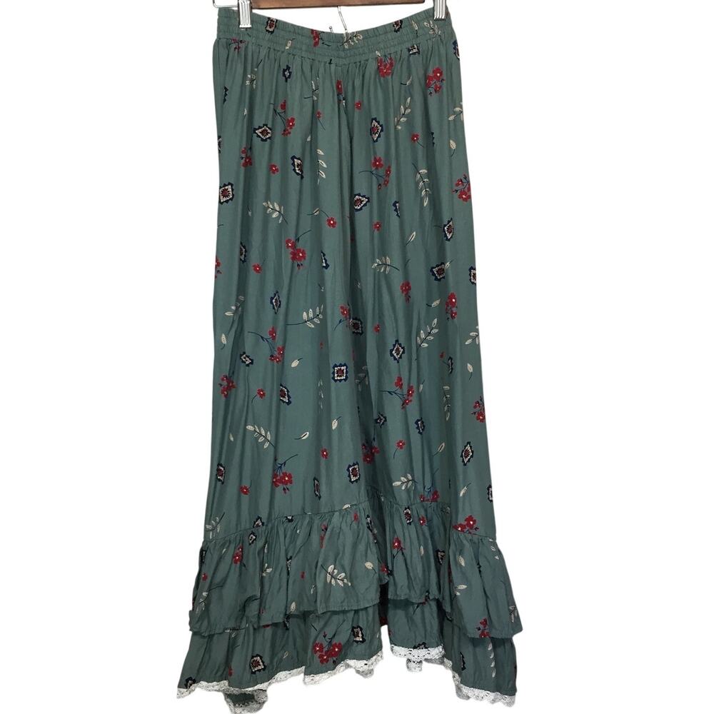 Vintage Roper Western Cottage Floral Broom Skirt Medium Sage Green Ruffle Lace